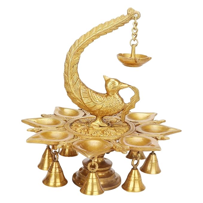 Brass Parrot Hanging Diya with Bells Height 10 inches & Weight 2.9 kg