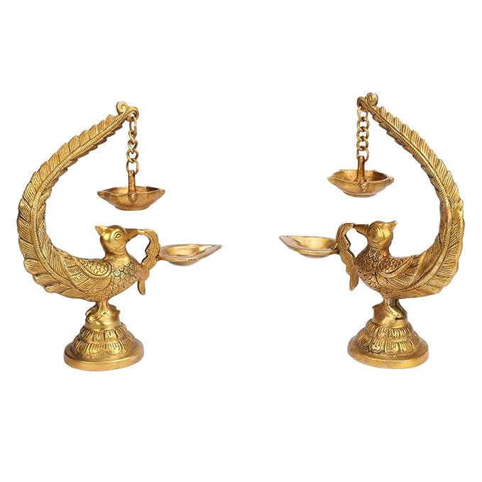 Brass Peacock Bird Design Diya Pair (2 Pcs) Stand Holder Oil Lamp Pooja Articles Home Decor Item - 8 Inch