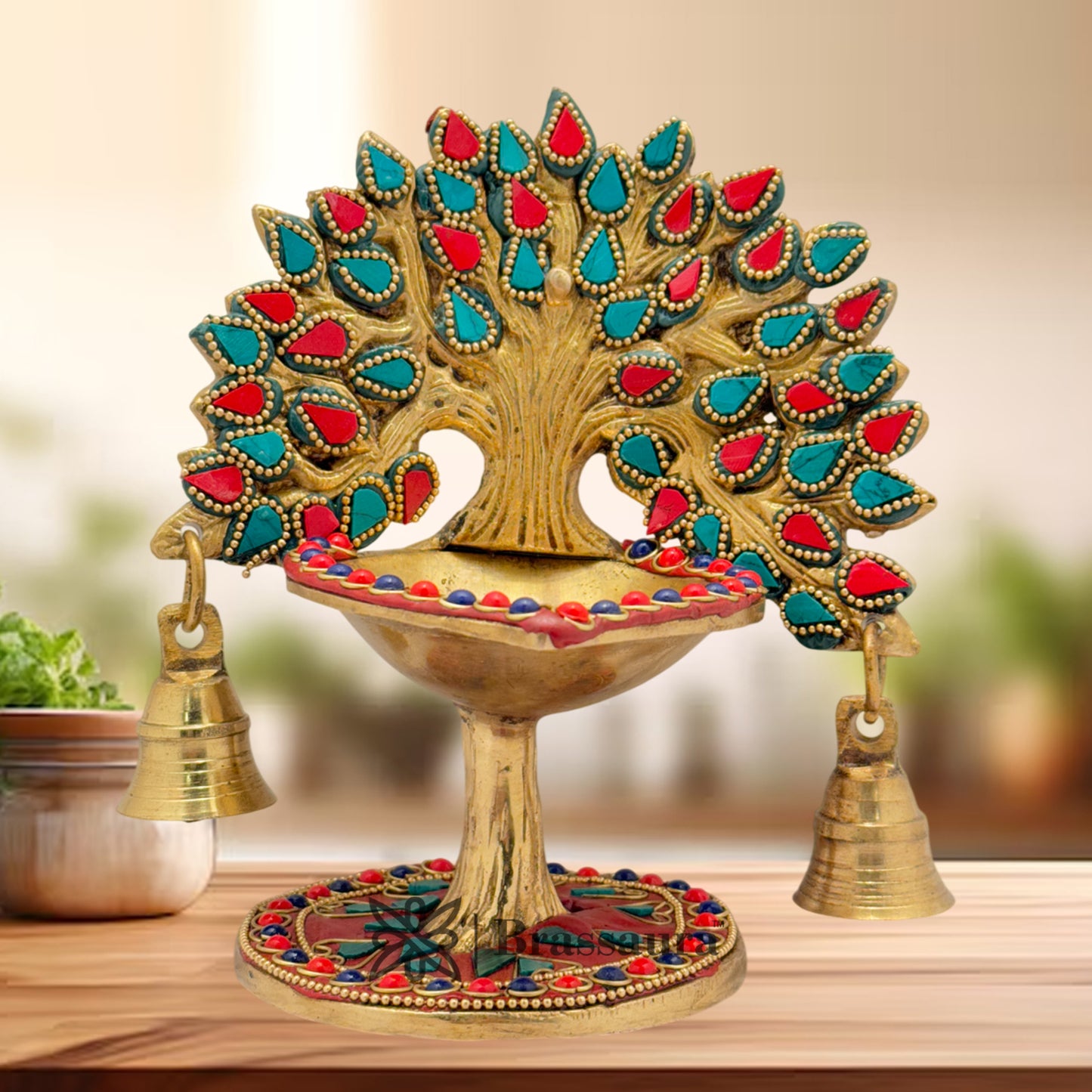 Brass Gem Stone Work Tree Diya Weight 1.3 Kg & Height 7 Inch