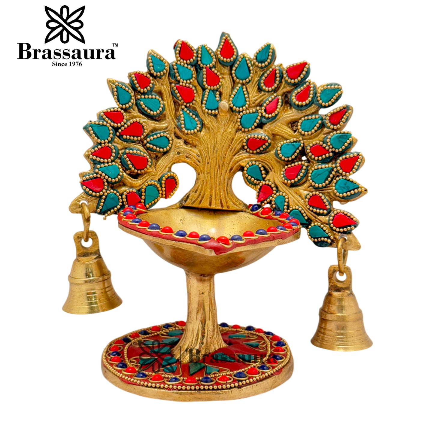 Brass Gem Stone Work Tree Diya Weight 1.3 Kg & Height 7 Inch