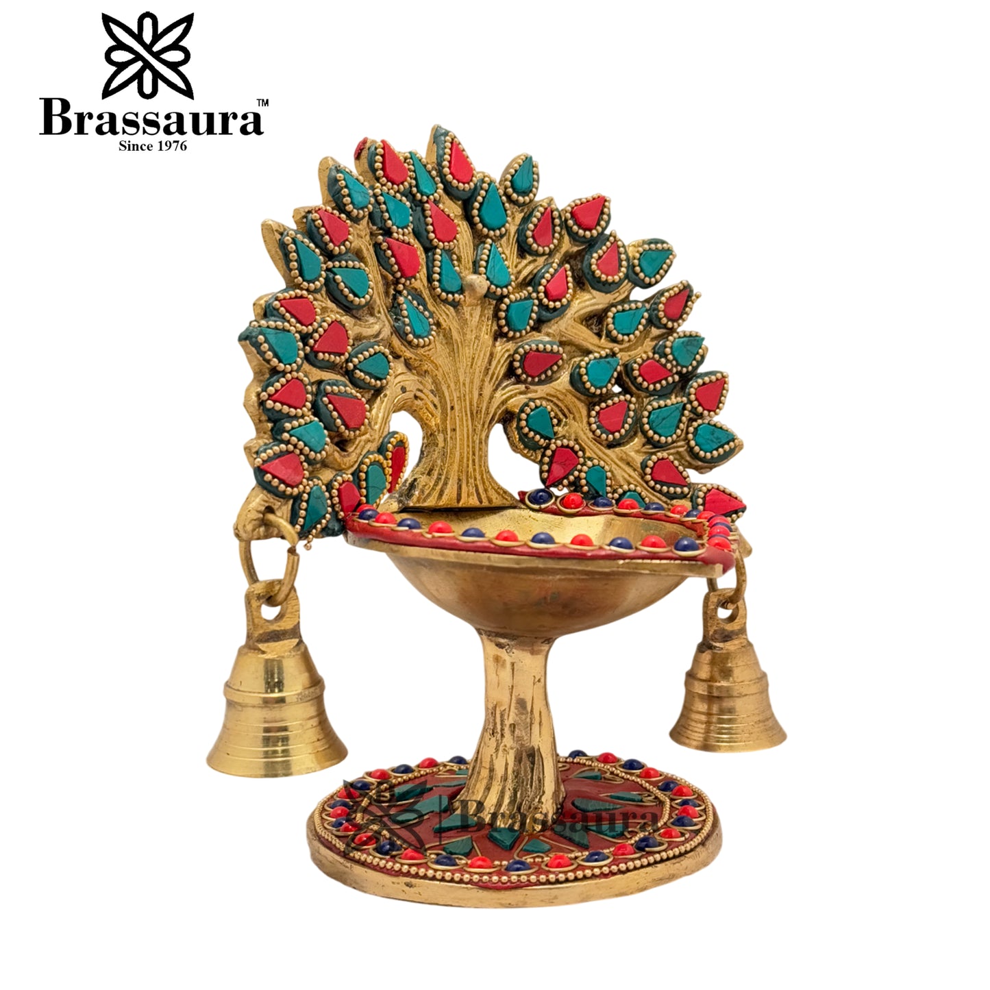 Brass Gem Stone Work Tree Diya Weight 1.3 Kg & Height 7 Inch