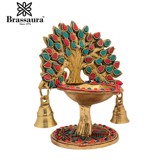 Brassaura™ Brass Gem Stone Work Tree Diya – Height 7 Inches & Weight 1.3 Kgs | Stunning Brass Accent for Modern & Classic Décor
