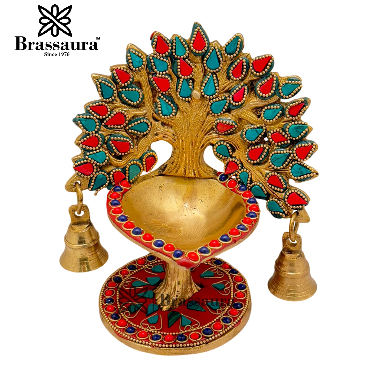 Brass Gem Stone Work Tree Diya Weight 1.3 Kg & Height 7 Inch