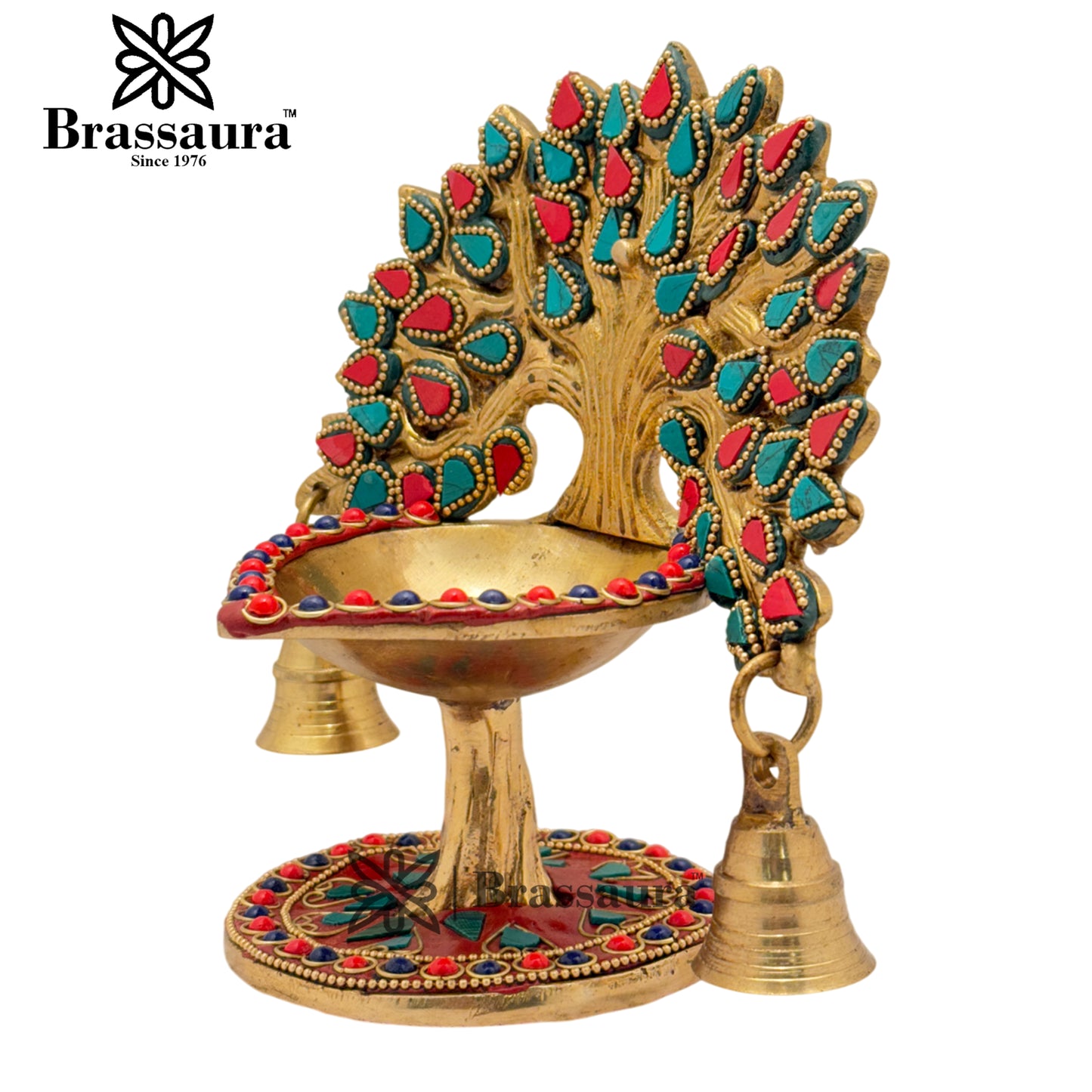 Brass Gem Stone Work Tree Diya Weight 1.3 Kg & Height 7 Inch