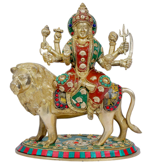 Brass Gem Stone Work Durga For Home And Décor Height 11.6 Inches & Weight 3.95 Kgs