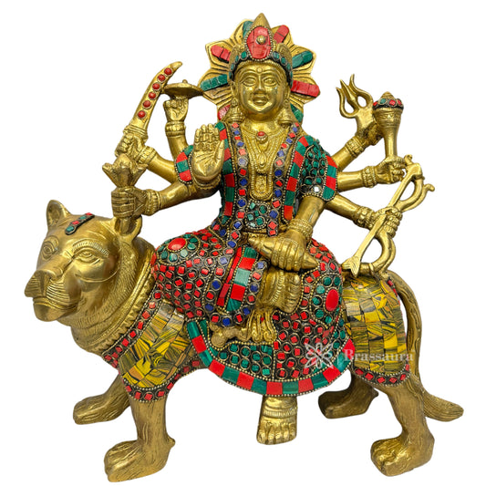 Brassaura™ Brass Gem Stone Work Durga Sherawali Sitting on Lion Murti Height 12.8 Inches & Weight 7.69 Kgs