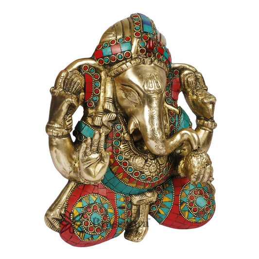 Brassaura™ Handcrafted Brass Gem Stone Work Ganesha Wall Hanging – Height 10 Inches & Weight 2.8 Kgs | Temple Wall Décor
