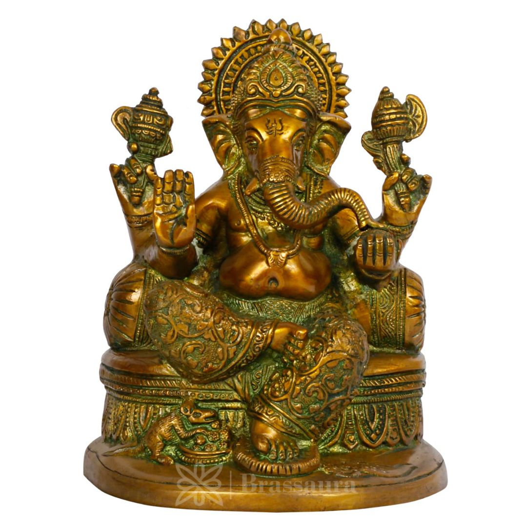 Brassaura™ Brass Golden Ganesha in Blessing Posture with Mooshak – Height 8.27 inches | Weight 2.7 kgs