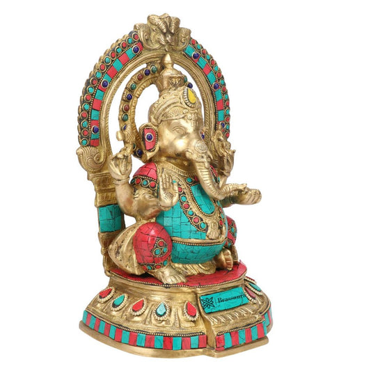 Brassaura Gemstone-Embellished Brass Ganesha Statue for Home & Temple Décor | Height 13 Inches