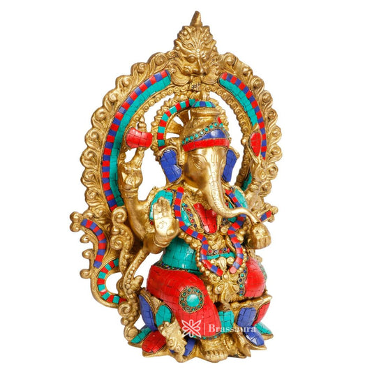 Brassaura™ Brass Gemstone Work Ganesha Murti – Height 16.14 inches | Weight 9 kgs