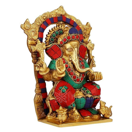 Brassaura™ Brass Ganesha Gemstone Work Murti – Height 8.66 inches | Weight 1.9 kgs
