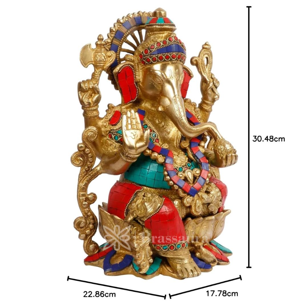 Brassaura™ Brass Gemstone Work Ganesha Murti – Height 12.99 inches | Weight 7 kgs
