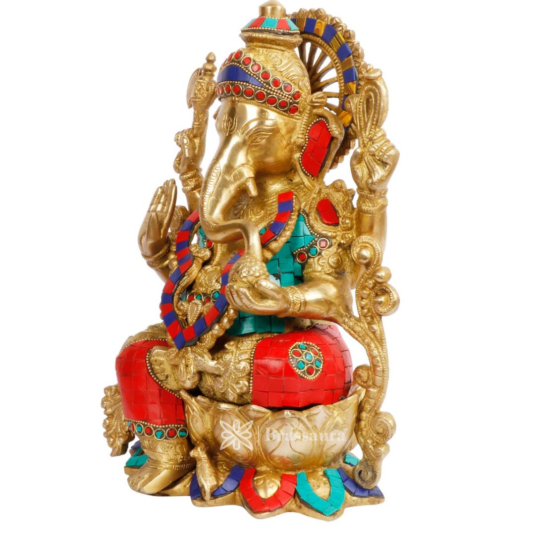 Brassaura™ Brass Gemstone Work Ganesha Murti – Height 12.99 inches | Weight 7 kgs