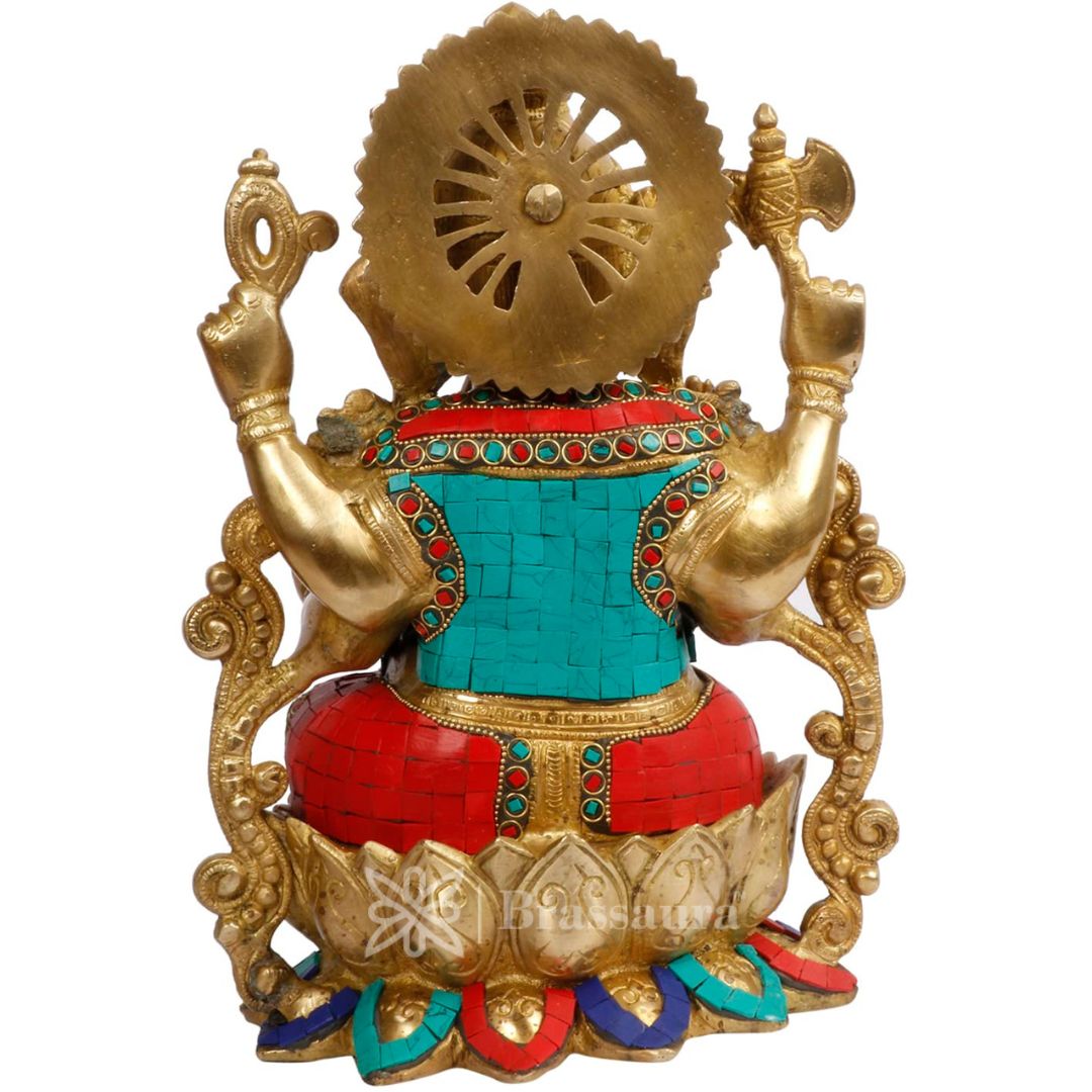 Brassaura™ Brass Gemstone Work Ganesha Murti – Height 12.99 inches | Weight 7 kgs