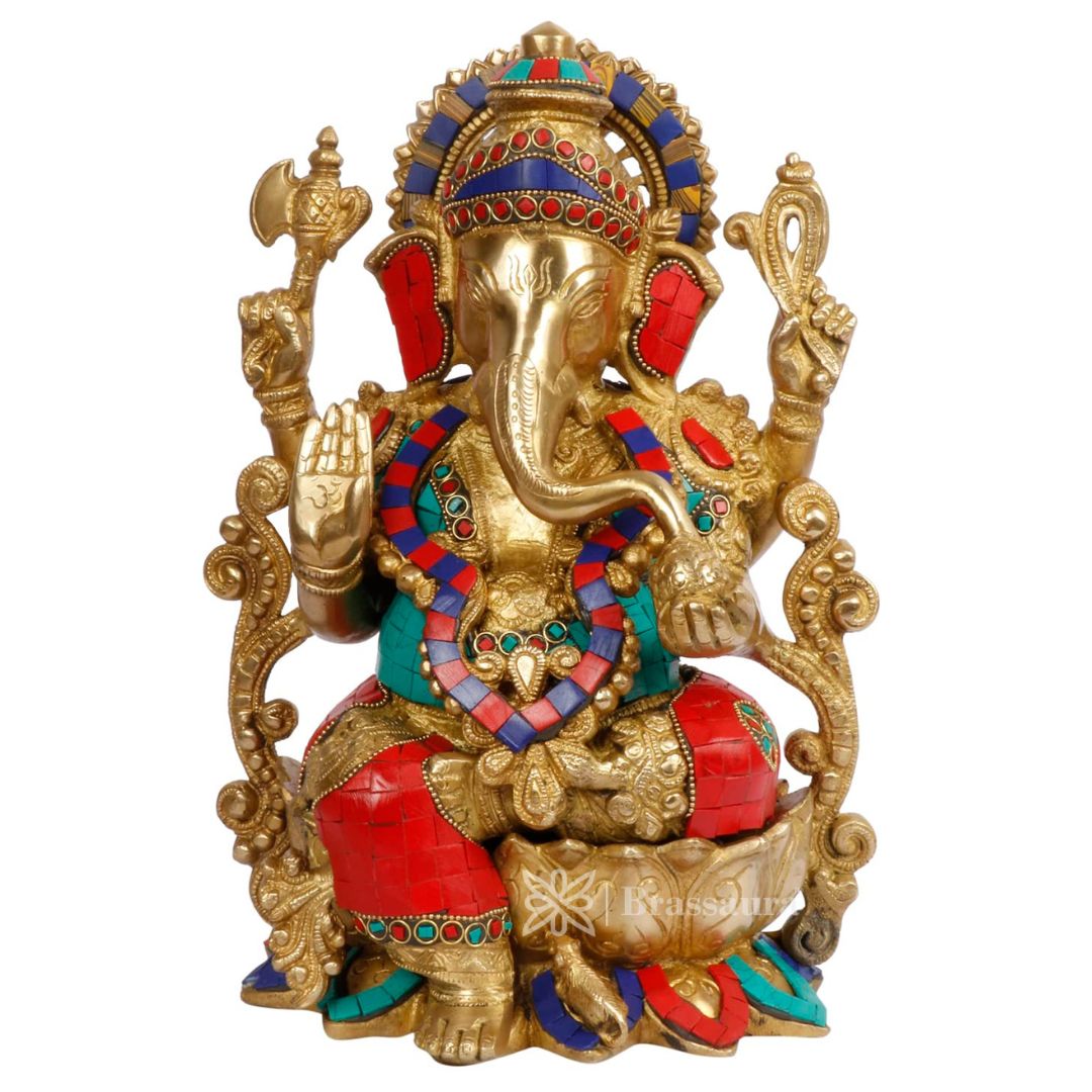 Brassaura™ Brass Gemstone Work Ganesha Murti – Height 12.99 inches | Weight 7 kgs