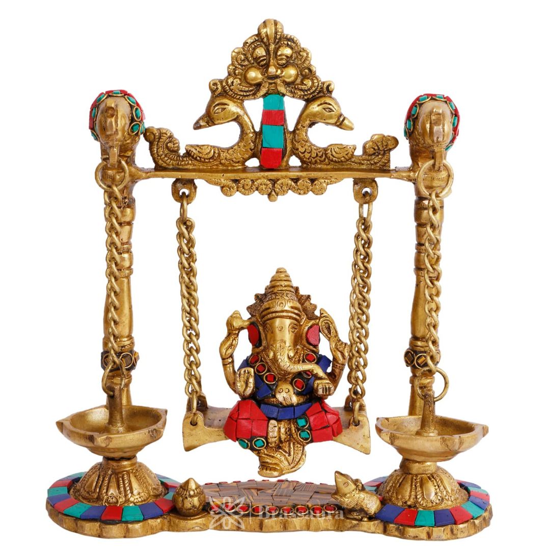 Brassaura™ Brass Gemstone Work Ganesh Jhula with Hanging Diya – Height 9.84 inches | Weight 2 kgs