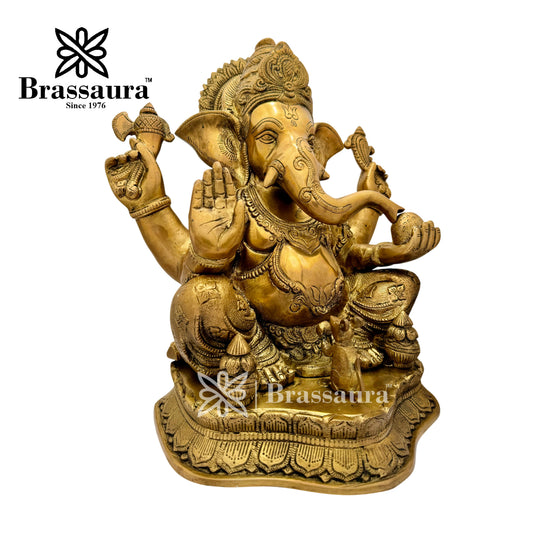Brassaura™ Brass Ganesha Idol for Home and Decor | Weight 14 Kgs | Height 15.35 Inches