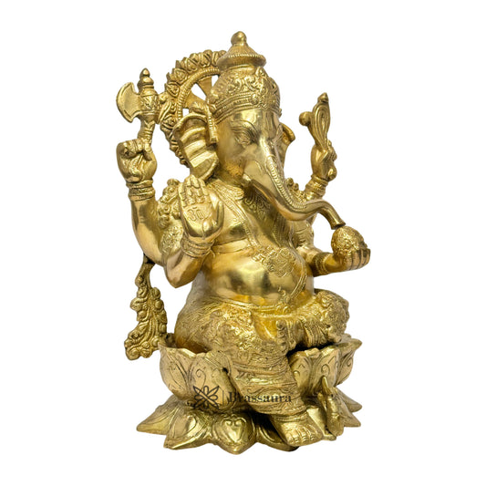 Brassaura™ Brass Lotus Ganesha Statue – Height 13.78 inches & Weight 6.3 kgs | Traditional Ganpati Murti for Home & Pooja Room