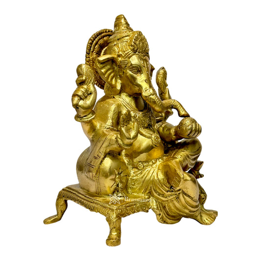 Brassaura™ Brass Golden Ganesha Chowki Statue – Height 11.81 inches & Weight 3 kgs | Traditional Ganpati Murti for Home & Pooja Room