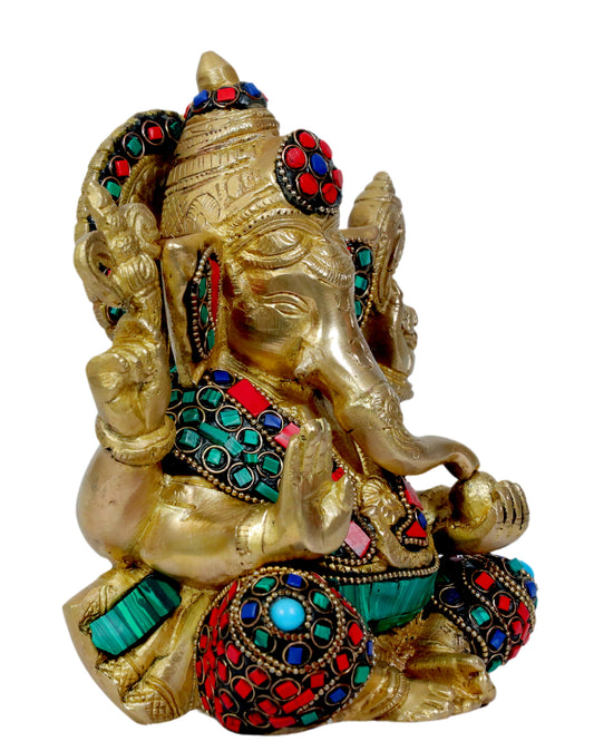 Brassaura™ Brass Gem Stone Work Ganesha Statue – Height 5.91 inches & Weight 2.15 kgs | Traditional Ganpati Murti for Home & Pooja Room