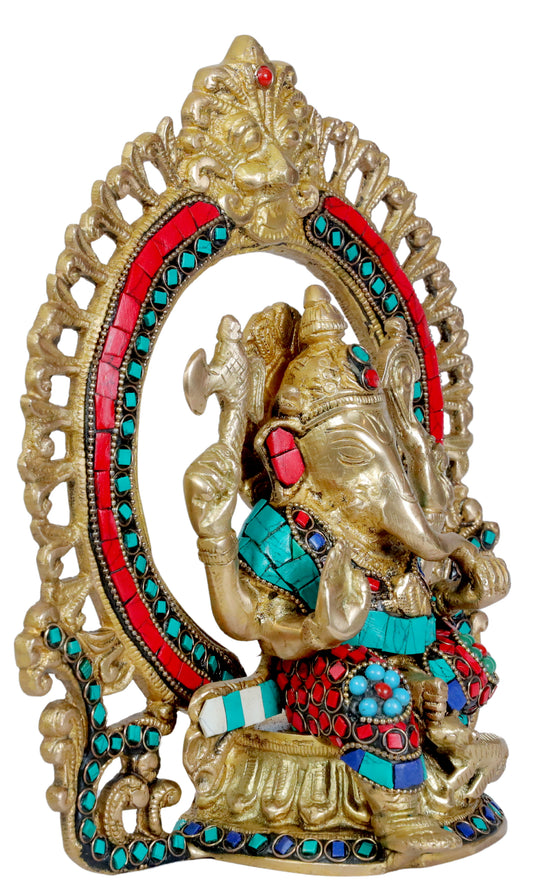 Brassaura™ Brass Gem Stone Work Ganesha Murti – Height 10.63 inches & Weight 2.6 kgs | Traditional Ganpati Murti for Home & Pooja Room