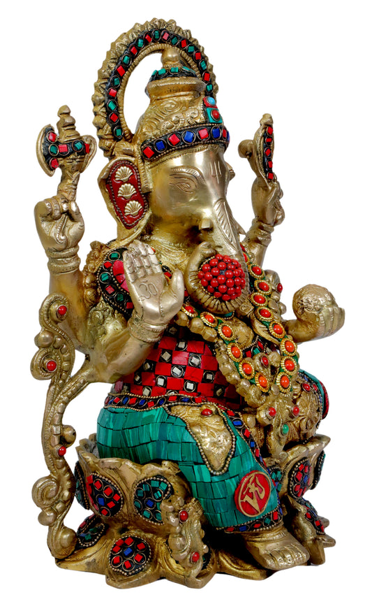 Brassaura™ Brass Gem Stone Work Ganesha Statue – Height 12.40 inches & Weight 7.7 kgs | Traditional Ganpati Murti for Home & Pooja Room