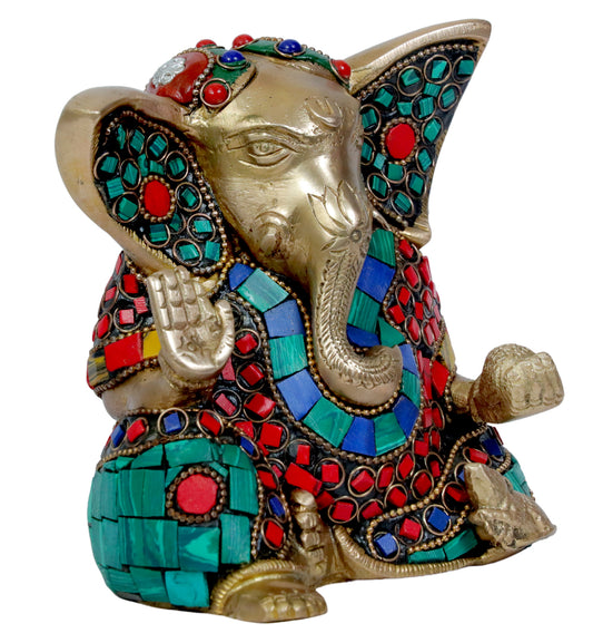 Brassaura™ Brass Gem Stone Work Ganesha Murti – Height 6.30 inches & Weight 1.32 kgs | Traditional Ganpati Murti for Home & Pooja Room