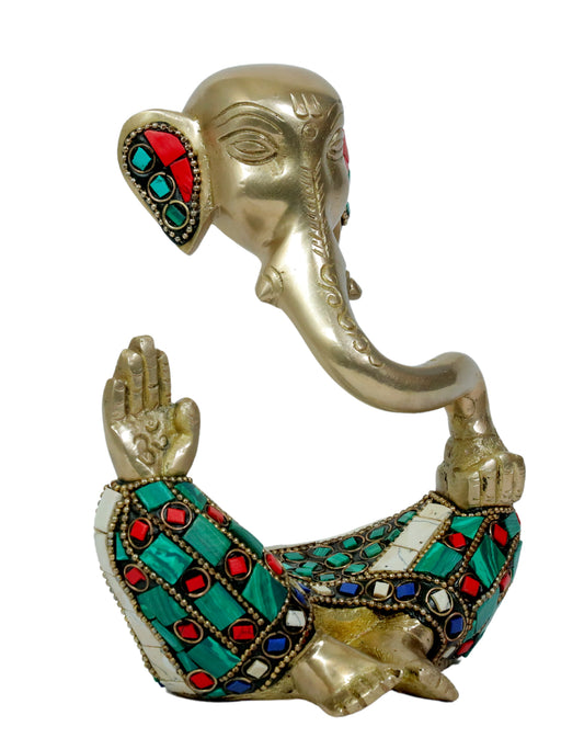 Brassaura™ Brass Gem Stone Work Ganesha Murti – Height 7.48 inches & Weight 1.3 kgs | Traditional Ganpati Murti for Home & Pooja Room