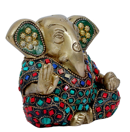 Brassaura™ Brass Gem Stone Work Ganesha Statue – Height 3.54 inches & Weight 0.9 kgs | Traditional Ganpati Murti for Home & Pooja Room