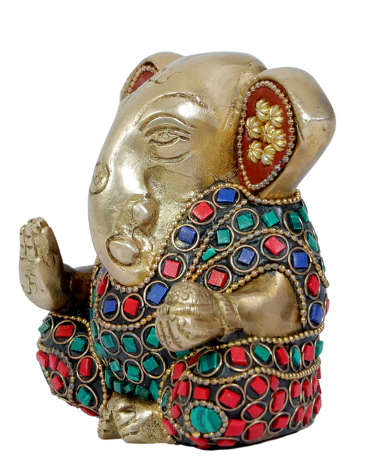 BrassAura Brass Stone Work Ganesha Brass god Idols home and décor gifts item