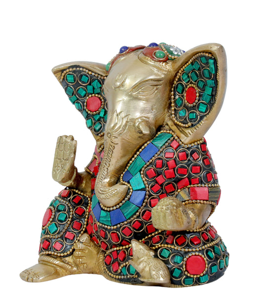 BrassAura Brass Stone Work Ganesha Brass god Idols home and décor gifts item