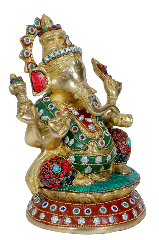 BrassAura Brass Stone Work Ganesha Brass god Idols home and décor gifts item