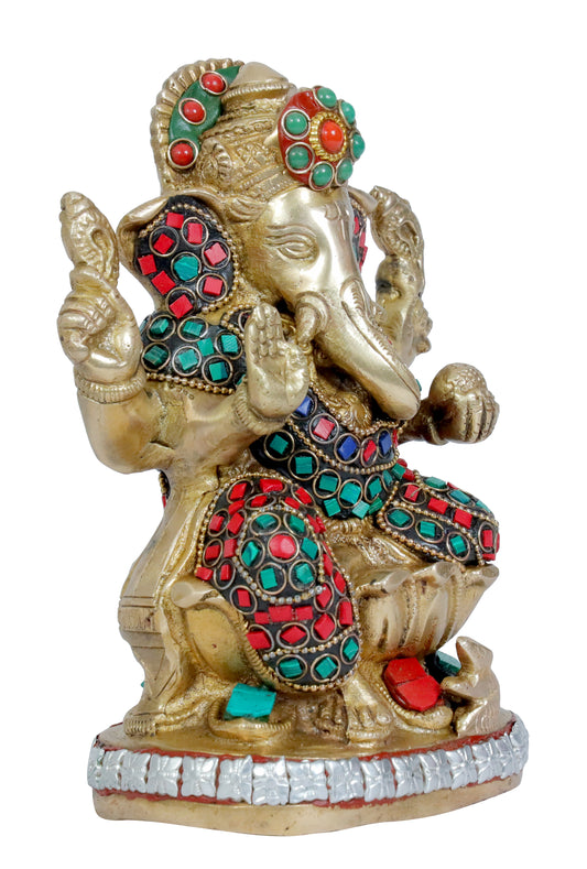 BrassAura Brass Stone Work Ganesha Brass god Idols home and décor gifts item
