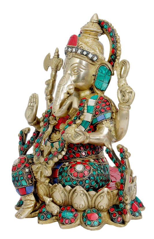 BrassAura Brass Stone Work Ganesha Brass god Idols home and décor gifts item