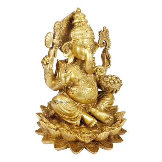 Brassaura Exquisite Brass Lotus Ganesha for Home & Temple Décor | Height 11.8 Inches