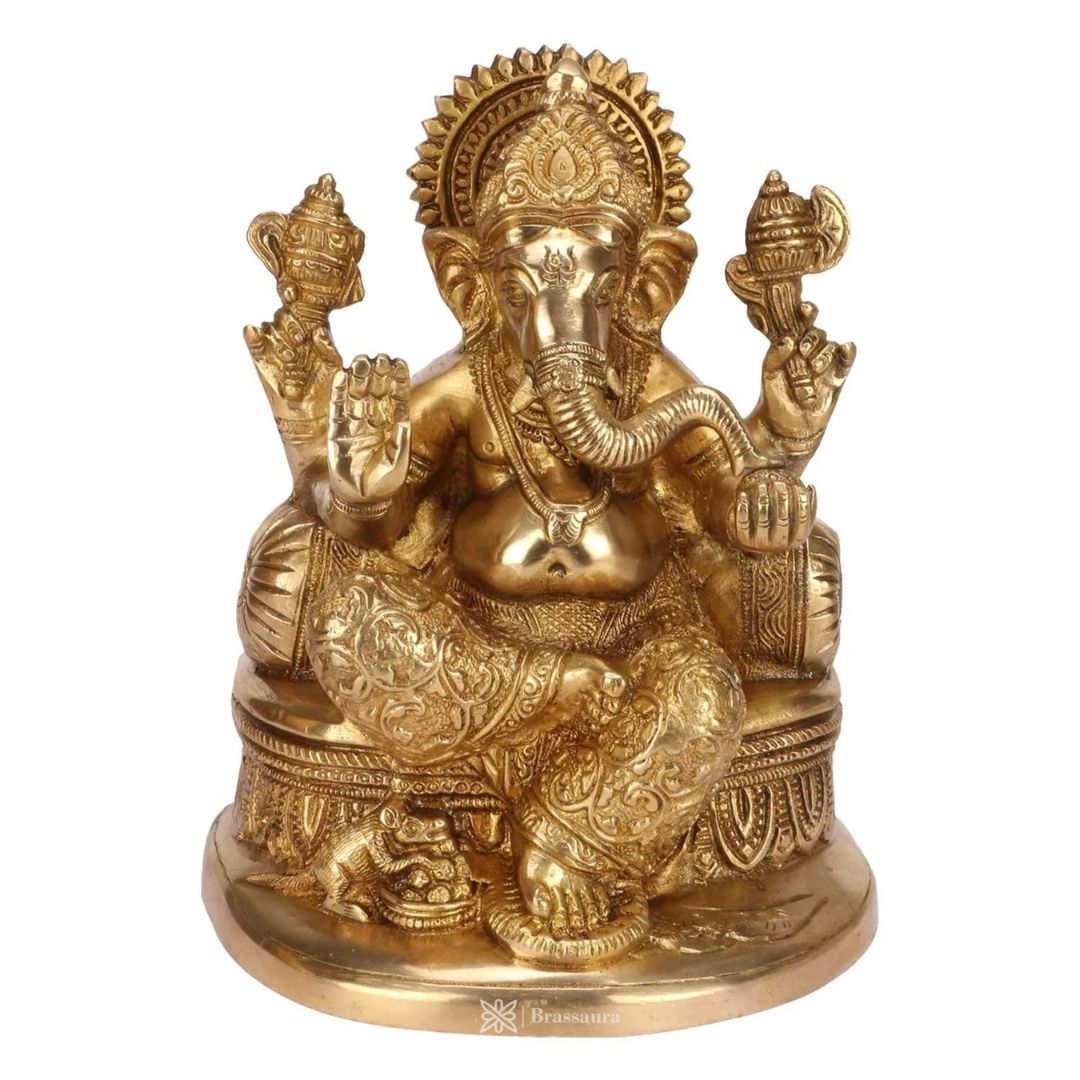 Brassaura™ Brass Golden Ganesha Murti – Height 8.66 inches | Weight 2.9 kgs