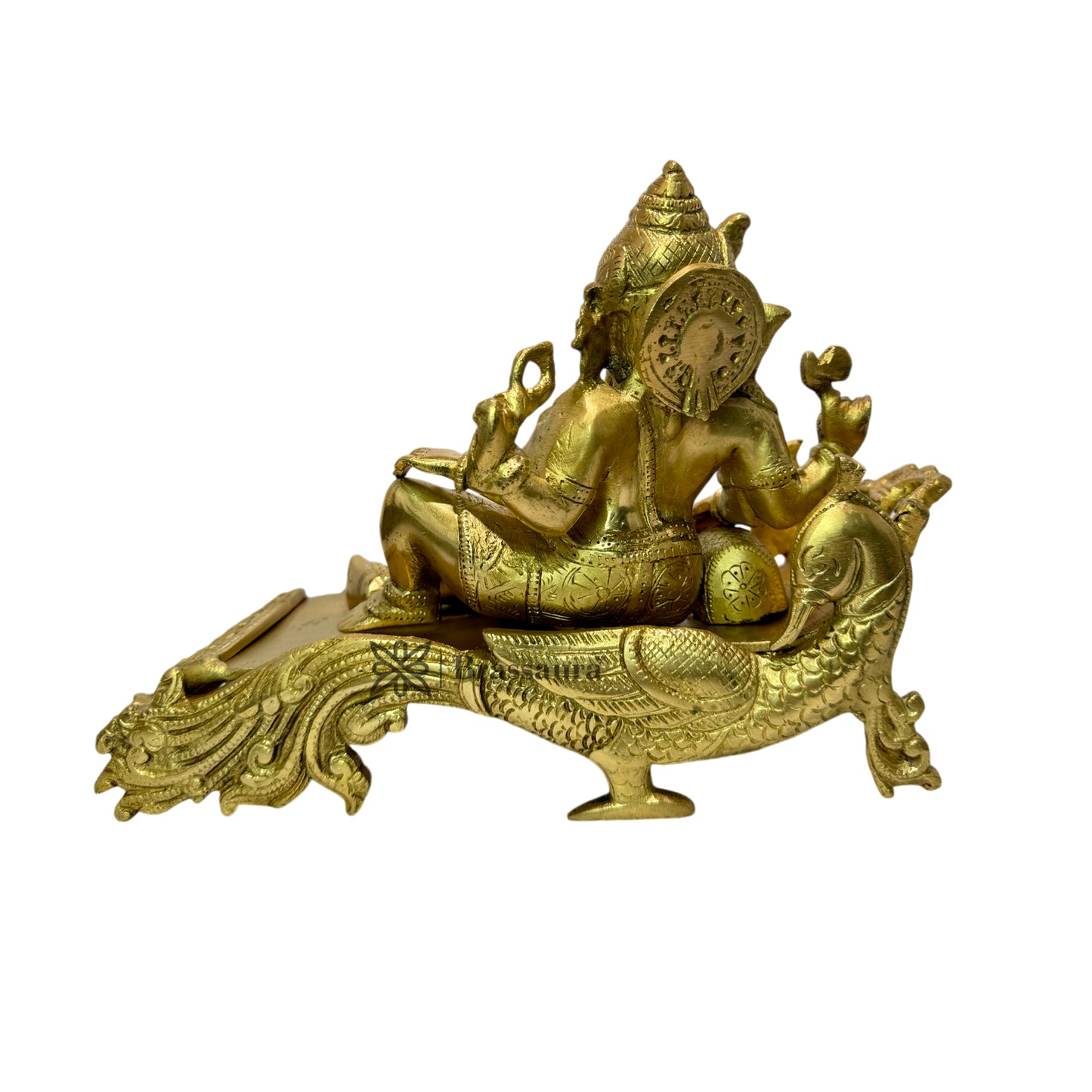 Brassaura™ Large Brass Ganesha Idol on Designer Peacock Couch – Height 2.95 inches | Weight 4 kgs