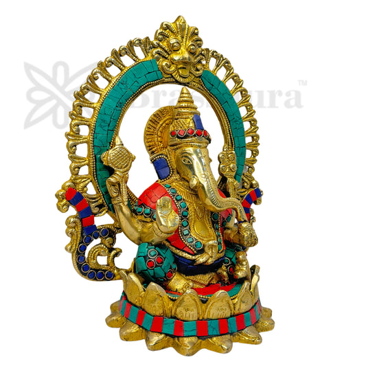 Brassaura™ Brass Gem Stone Work Ring Ganesha Murti – Height 9.45 inches & Weight 3.3 kgs | Traditional Ganpati Murti for Home & Pooja Room