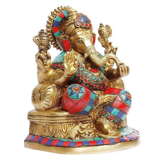 Brassaura™ Brass Gem Stone Work Ganesha Murti – Height 7.87 inches & Weight 3.2 kgs | Traditional Ganpati Murti for Home & Pooja Room