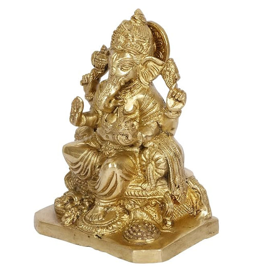 Brassaura™ Brass Gem Stone Work Ganesha Murti – Height 8.27 inches & Weight 1.9 kgs | Traditional Ganpati Murti for Home & Pooja Room