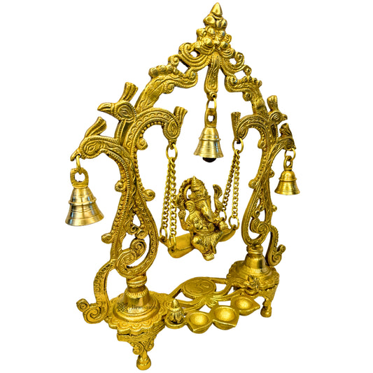 Brassaura™ Brass Ganesha Jhula Murti – Height 14.57 inches & Weight 2.5 kgs | Traditional Ganpati Murti for Home & Pooja Room