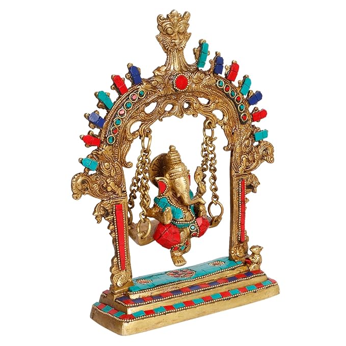 Brassaura™ Brass Gem Stone Work Ganesh Jhula Swing Murti – Height 11.02 inches & Weight 1.6 kgs | Traditional Ganpati Murti for Home & Pooja Room