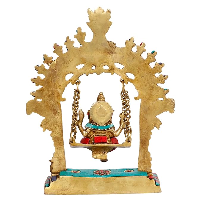 Brassaura™ Brass Gem Stone Work Ganesh Jhula Swing Murti – Height 11.02 inches & Weight 1.6 kgs | Traditional Ganpati Murti for Home & Pooja Room