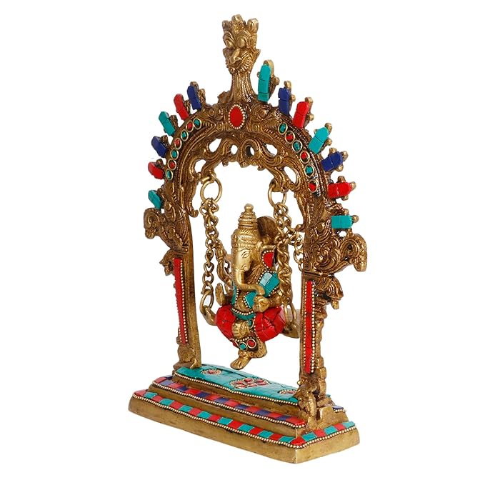 Brassaura™ Brass Gem Stone Work Ganesh Jhula Swing Murti – Height 11.02 inches & Weight 1.6 kgs | Traditional Ganpati Murti for Home & Pooja Room