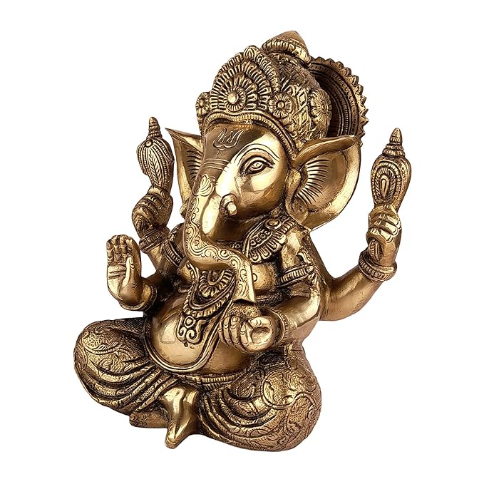Brassaura™ Brass Taj Ganesha Statue – Height 5.9 inches & Weight 3.8 kgs | Ganpati Idol for Temple & Home Decor