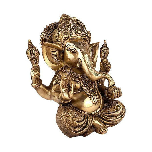 Brassaura™ Brass Taj Ganesha Statue – Height 5.9 inches & Weight 3.8 kgs | Ganpati Idol for Temple & Home Decor