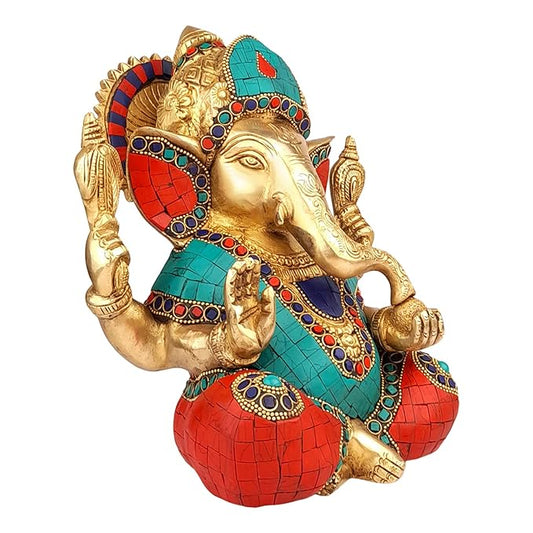 Brassaura™ Brass Gem Stone Work Ganesha Murti – Height 5.9 inches & Weight 1.6 kgs | Ganpati Idol for Home & Pooja Room