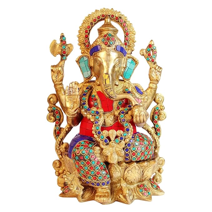 Brassaura™ Brass Gem Stone Inlay Work Ganesha Murti – Height 13 inches & Weight 7 kgs | Lord Ganpati Sitting on Lotus with Mooshak