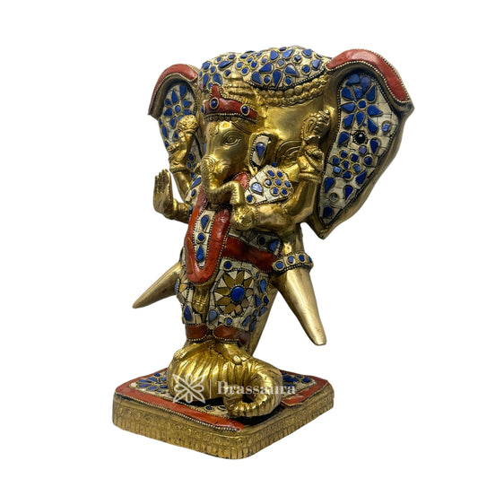 Brassaura™ Brass Gem Stone Work Ganesha with Warrior Elephant Idol – Height 11.4 inches & Weight 8.15 kgs | Ganpati Murti for Pooja & Home Décor