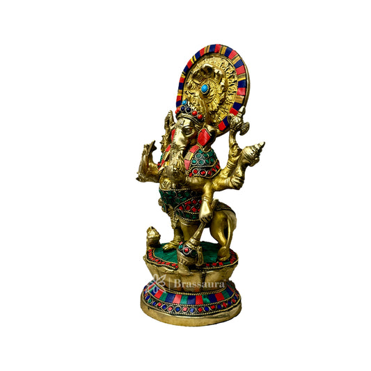 Brassaura™ Brass Gem Stone Work Ganesha Murti – Height 13 inches & Weight 4 kgs | Ganpati Idol for Pooja & Home Décor